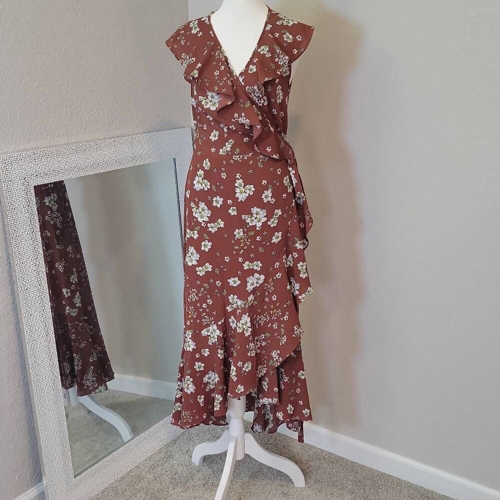 Max Edition Brown Floral Ruffle Wrap Midi Dress Size S